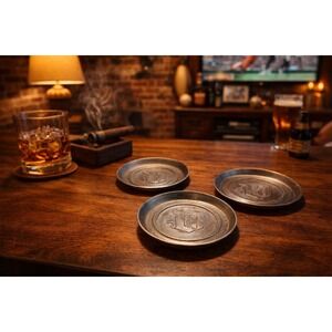 Vintage Aluminum Coaster Set of 3 Embossed D Monogram 3 3/8 Inch